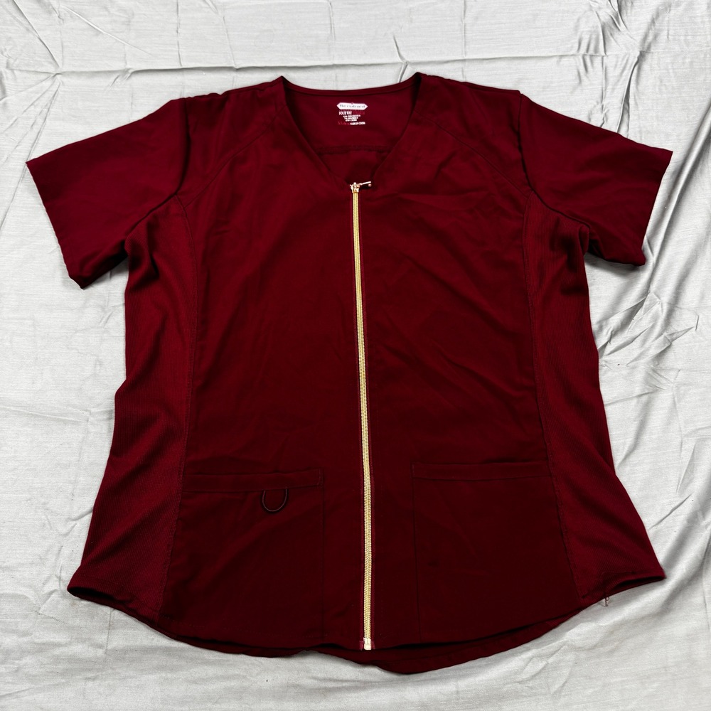 Scrubaid Womens XL Burgundy Full Zip Scrub Top Tapered Fit Four Way Stretch Wine